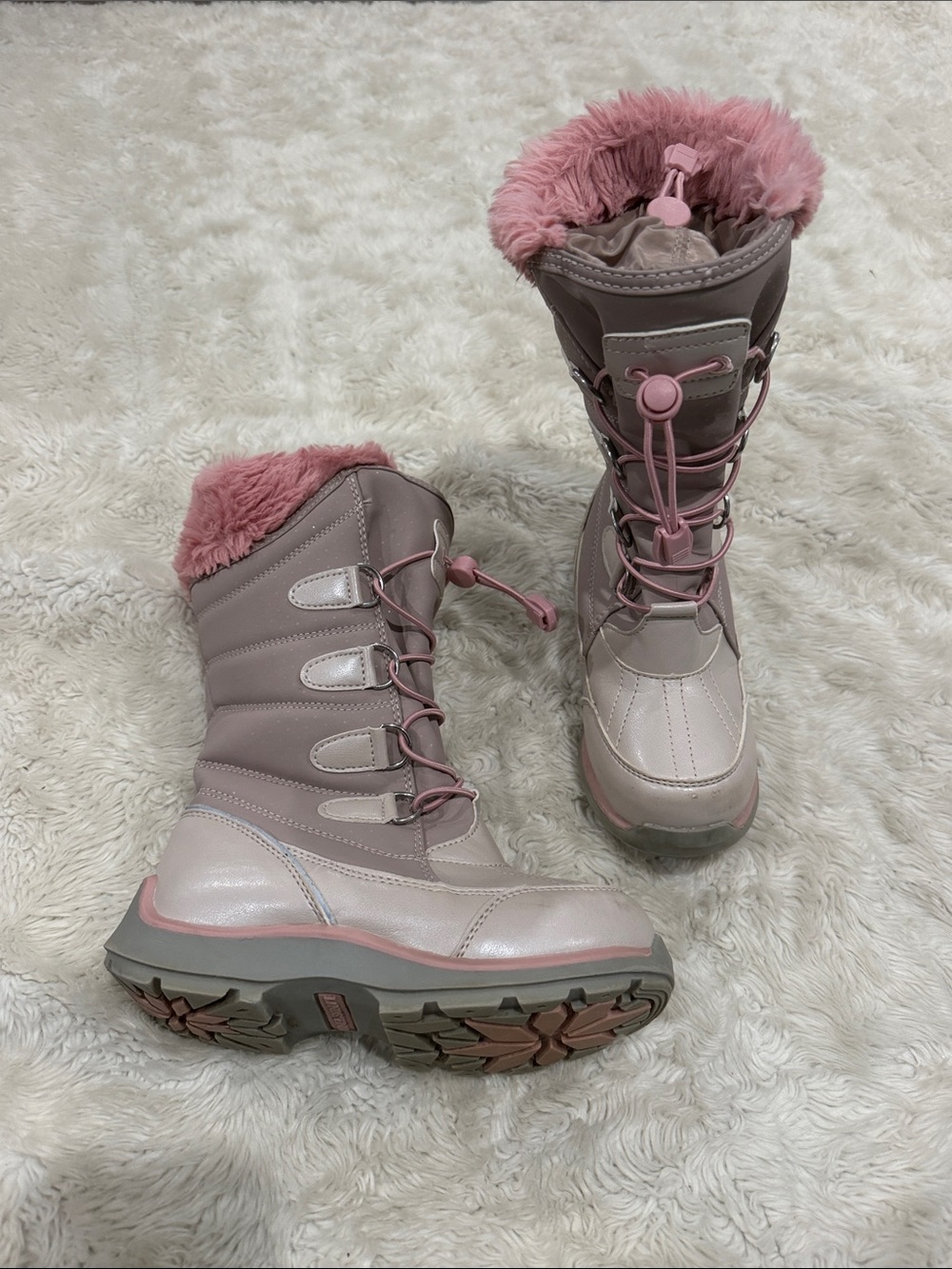 Lands' End Girls Pink Faux-Fur Winter Snow Boots Kids Size 12